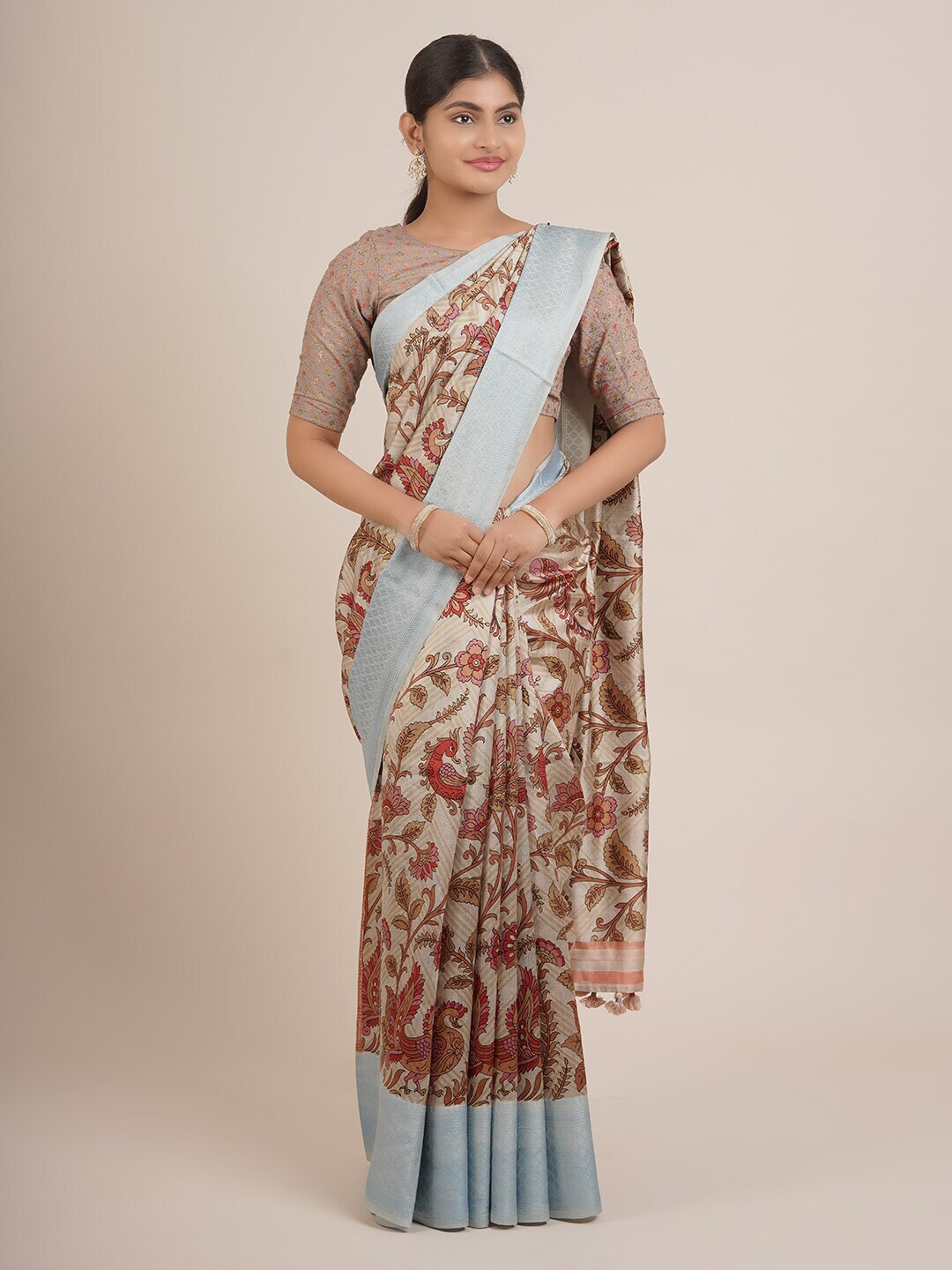 Pothys Beige & Pink Floral Pure Silk Saree Price in India