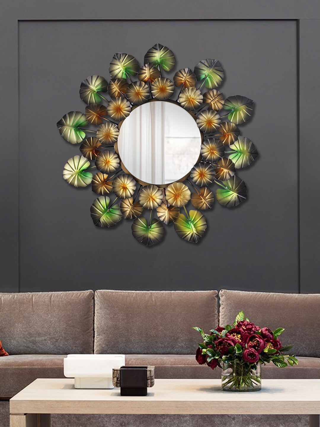 Aapno Rajasthan Gold-Toned Floral Design Round Mirror Price in India