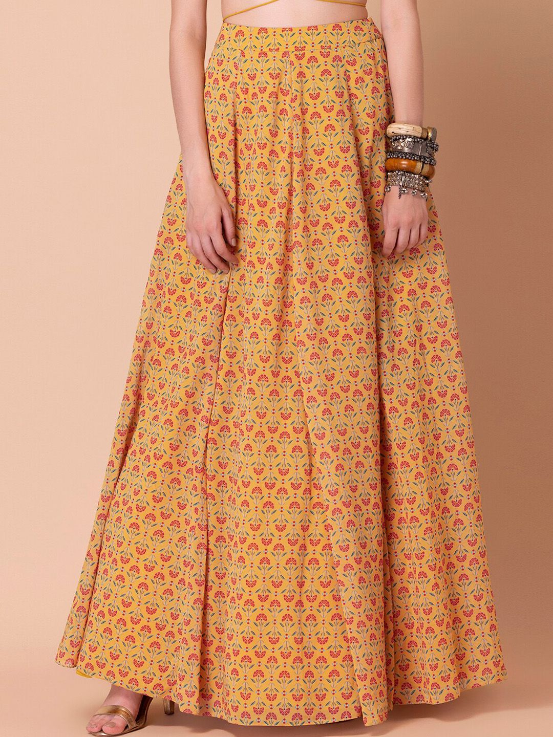 INDYA X Ridhi Mehra Women Yellow & Red Printed Maxi Skirts Price in India