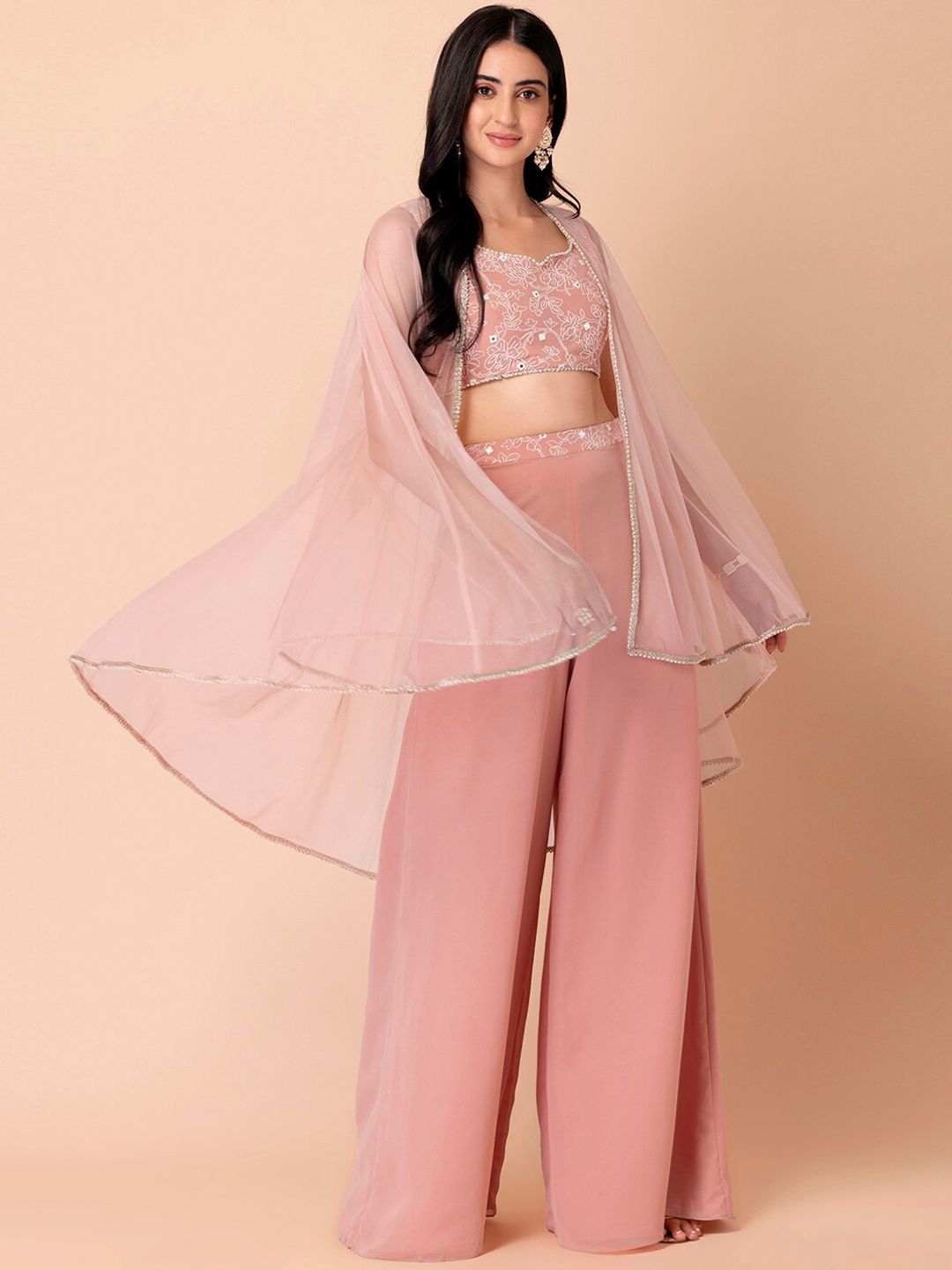 Indya X Ridhi Mehra Women Pink Cape Jacket With Embroidered Top And Sharara Pants Price in India