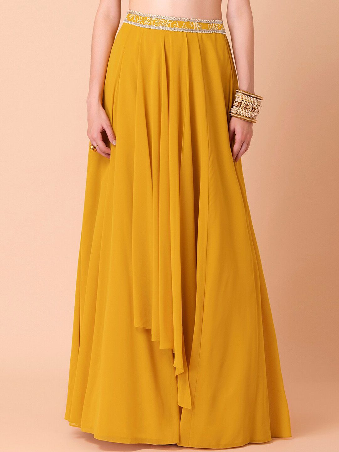 INDYA X Ridhi Mehra Women Yellow Solid Maxi Lehenga Skirt Price in India
