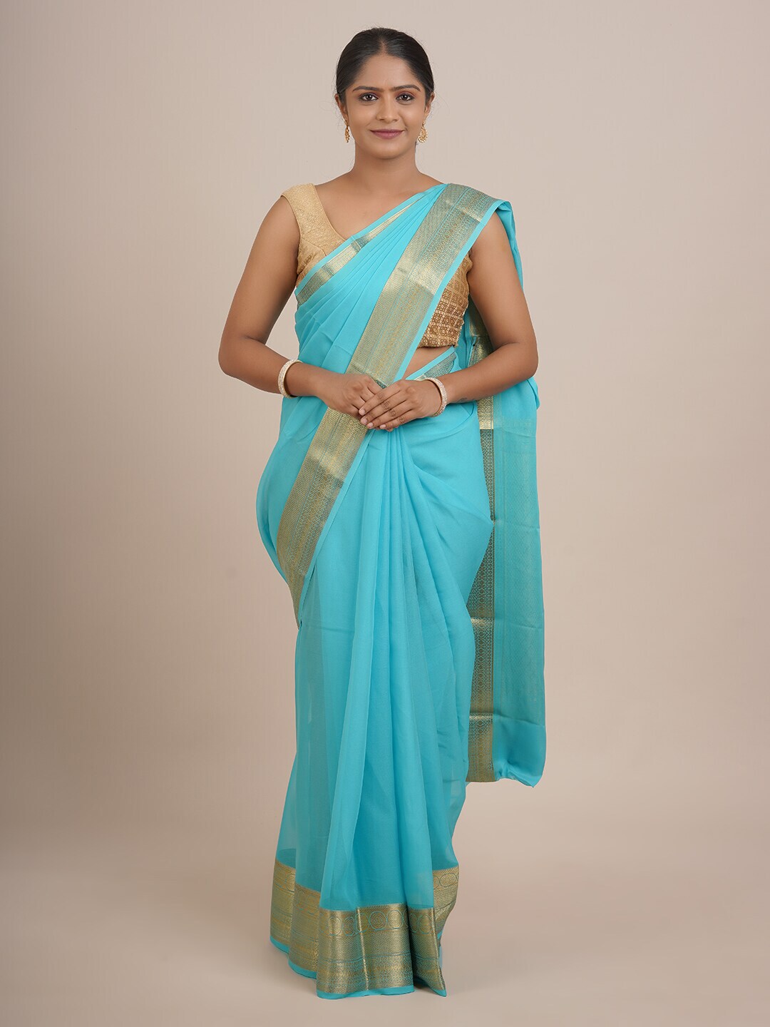 Pothys Blue & Gold-Toned Zari Pure Silk Saree Price in India