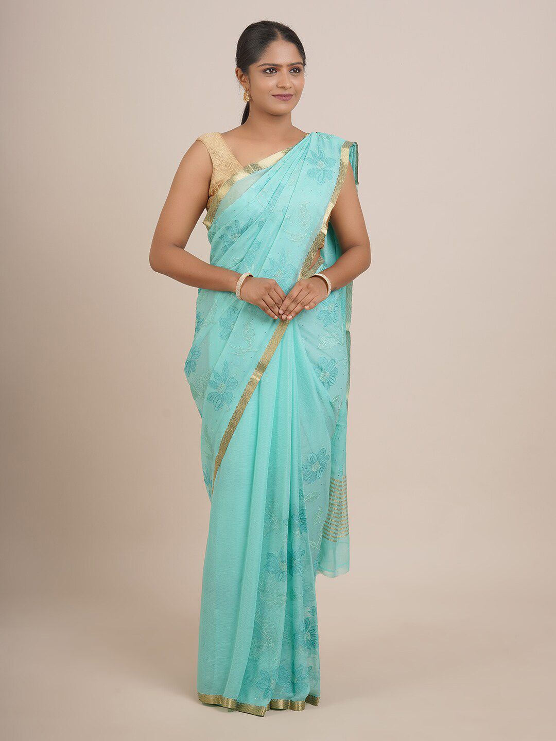 Pothys Blue & Gold-Toned Floral Beads and Stones Pure Chiffon Saree Price in India