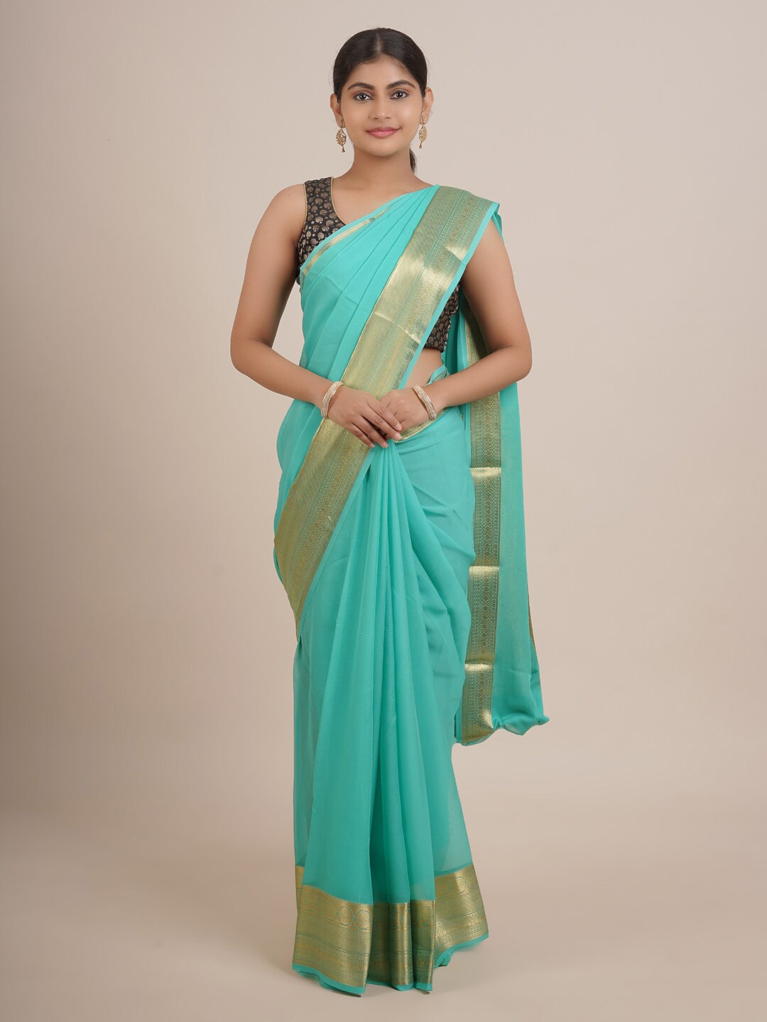 Pothys Blue & Gold-Toned Pure Silk Saree Price in India