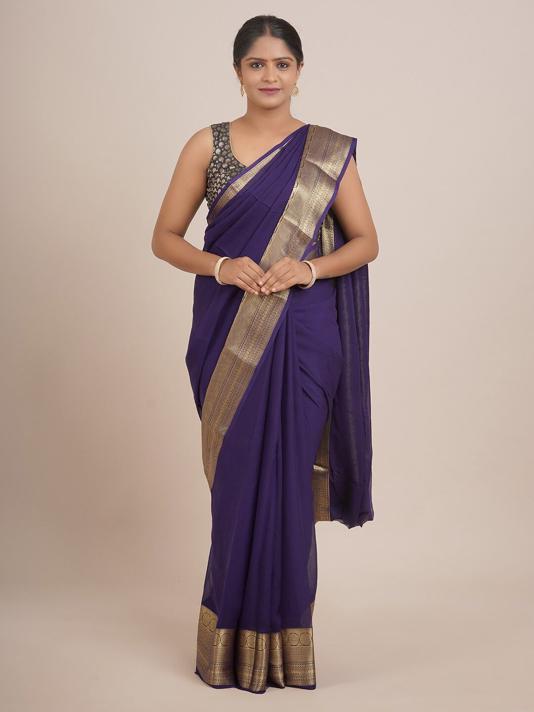 Pothys Navy Blue & Gold-Toned Ethnic Motifs Zari Pure Silk Saree Price in India