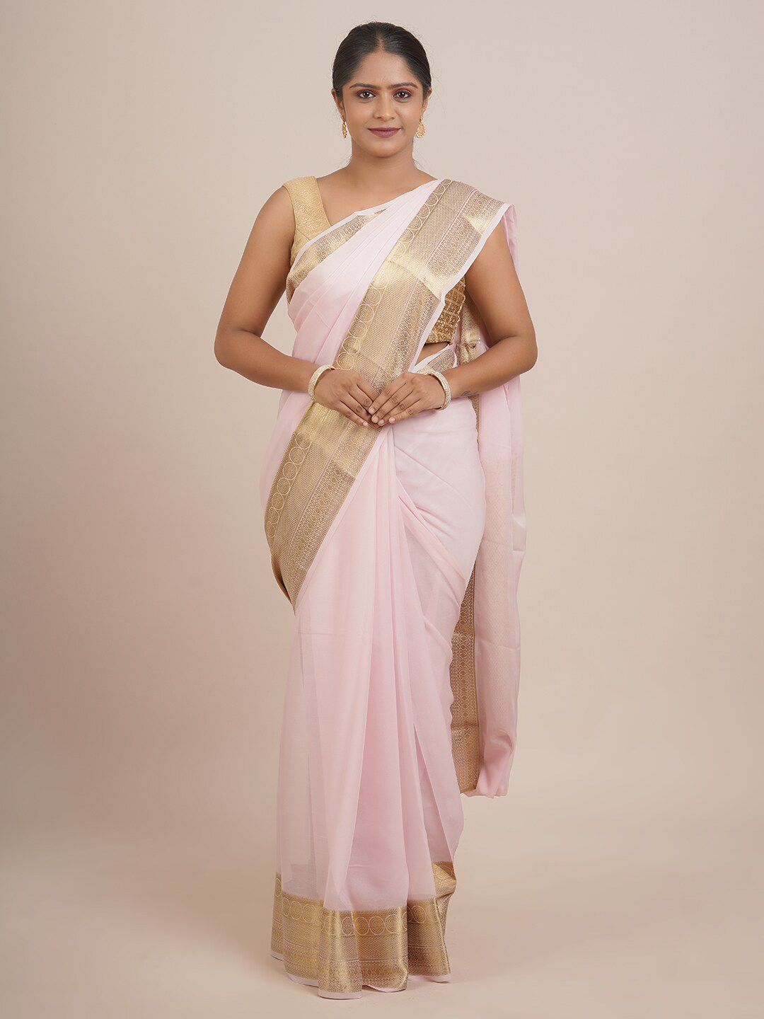 Pothys Pink & Gold-Toned Ethnic Motifs Zari Pure Silk Saree Price in India