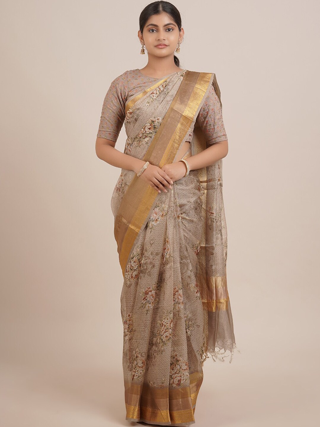 Pothys Grey & Gold-Toned Floral Zari Pure Silk Saree Price in India