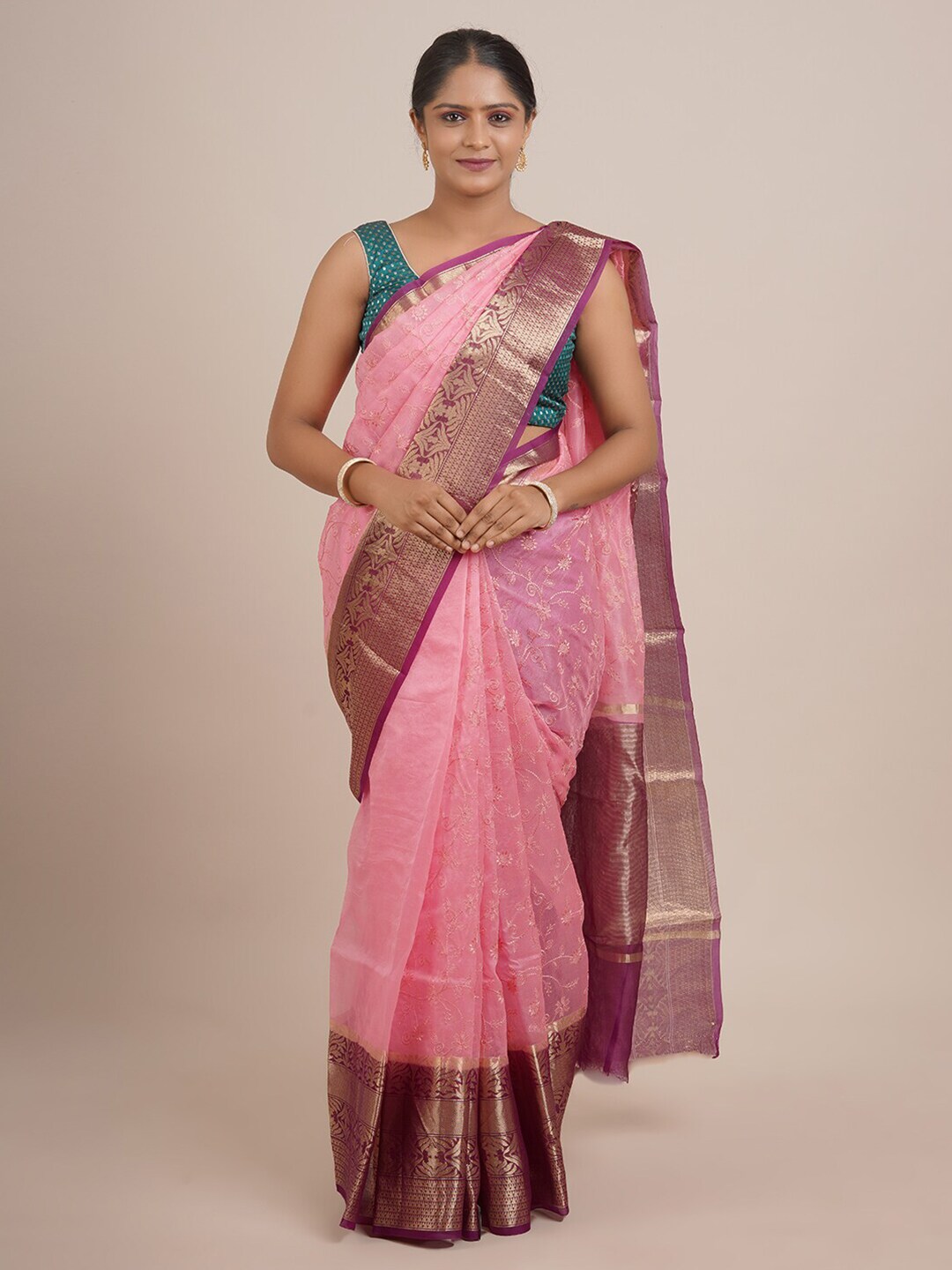 Pothys Pink & Gold-Toned Floral Zari Pure Silk Saree Price in India