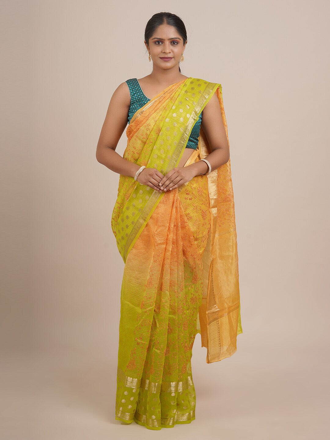 Pothys Green & Gold-Toned Floral Zari Pure Silk Saree Price in India