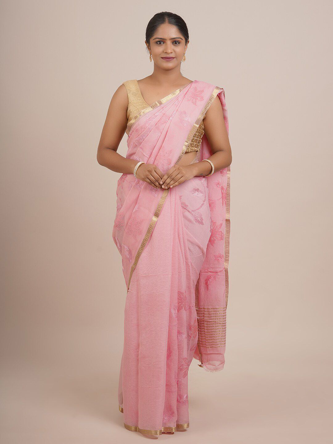 Pothys Pink & Gold-Toned Floral Zari Pure Chiffon Saree Price in India