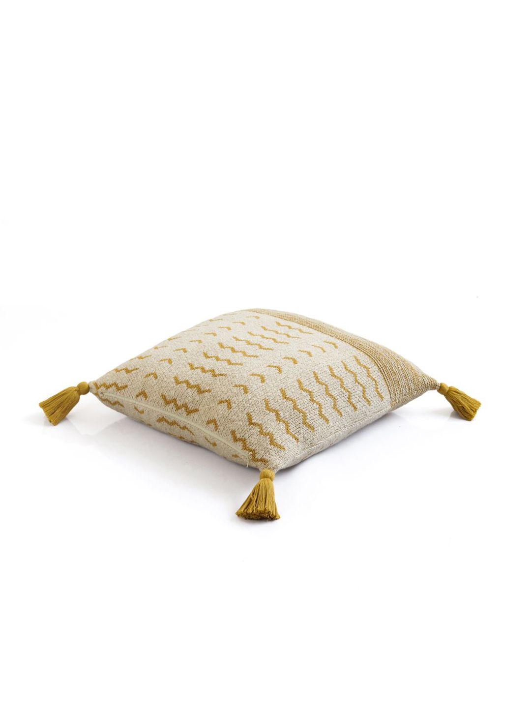 Pluchi Yellow & Cream-Coloured Pure Cotton Knitted Cushion Cover with Tassels Price in India