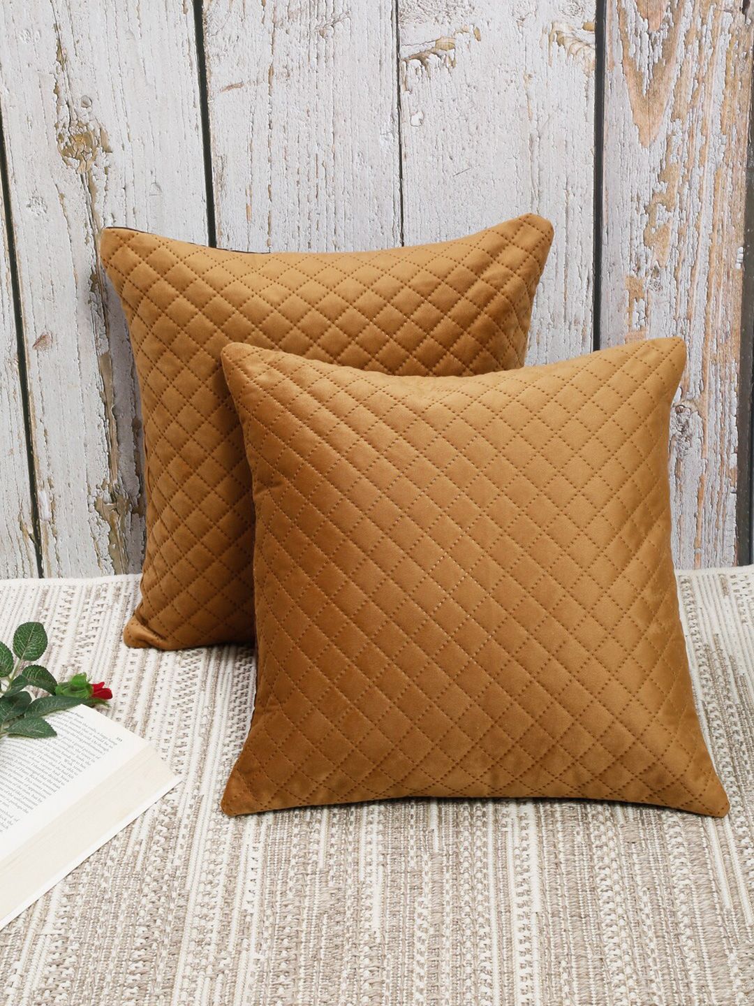 Slushy Mushy Set of 2 Gold-Toned Geometric Quilted Polyester Square Cushion Covers Price in India