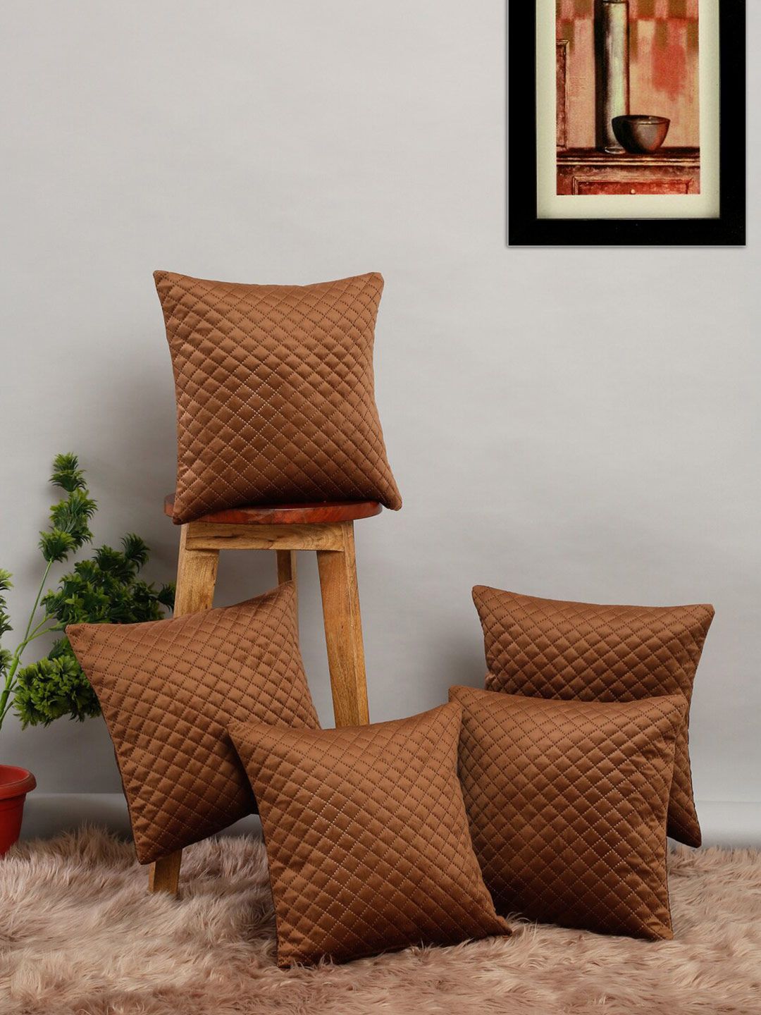 Slushy Mushy Set of 5 Brown Geometric Quilted Polyester Square Cushion Covers Price in India