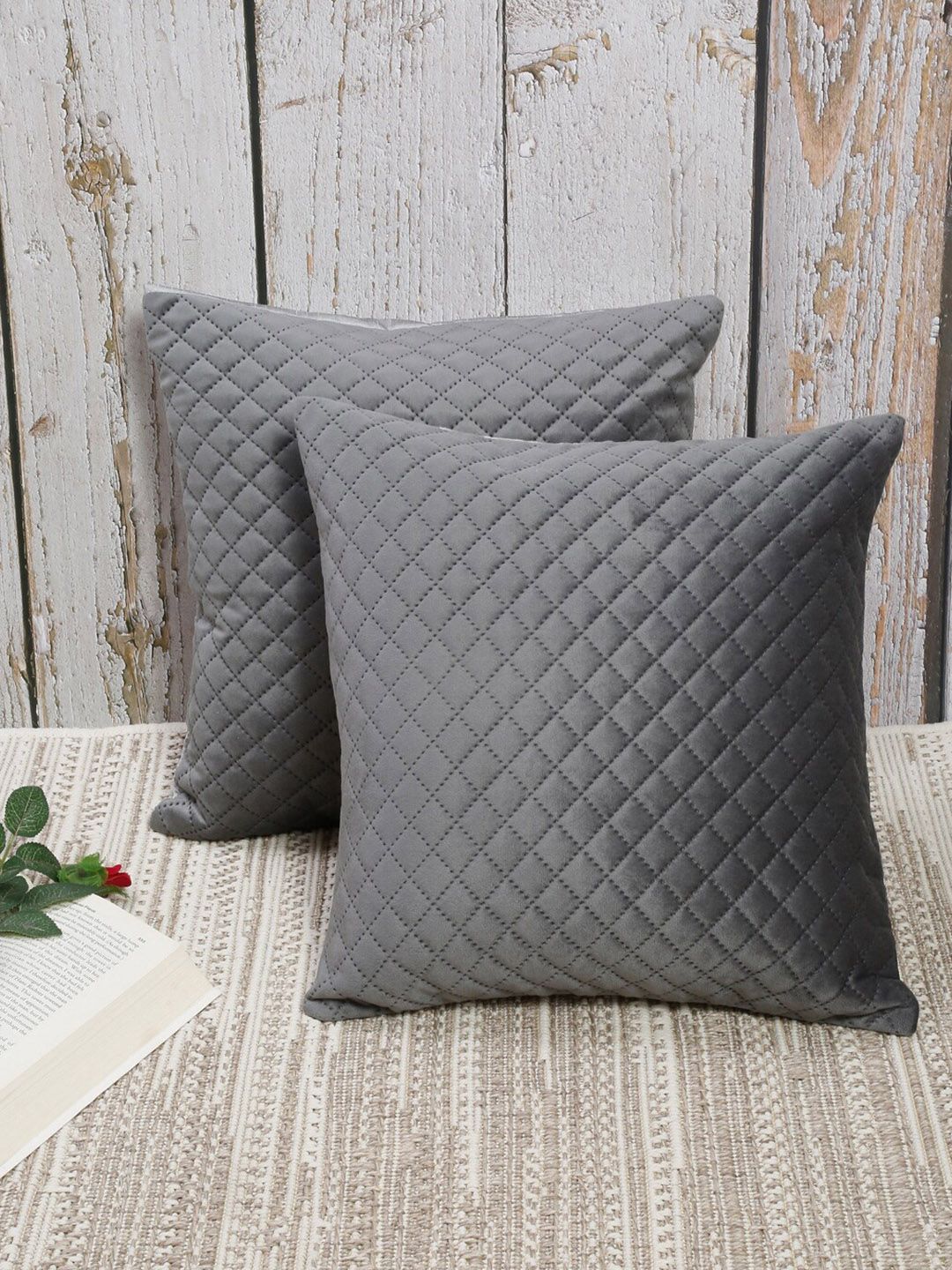 Slushy Mushy Grey Set of 2 Geometric Square Cushion Covers Price in India