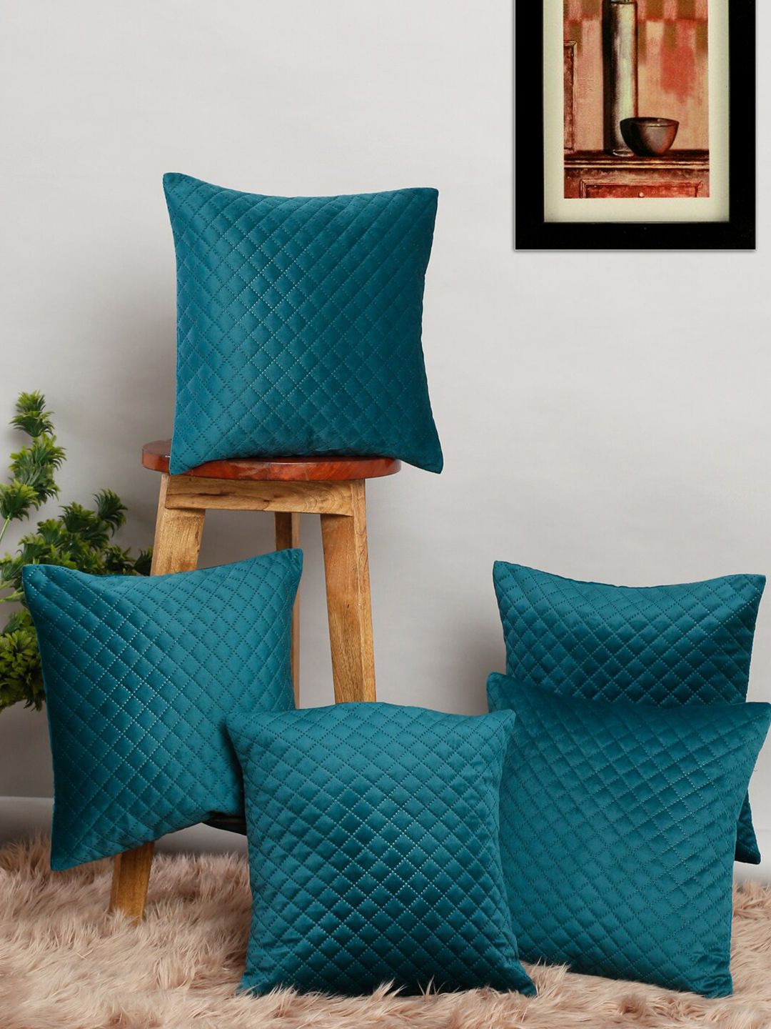Slushy Mushy Teal Set of 5 Geometric Square Cushion Covers Price in India