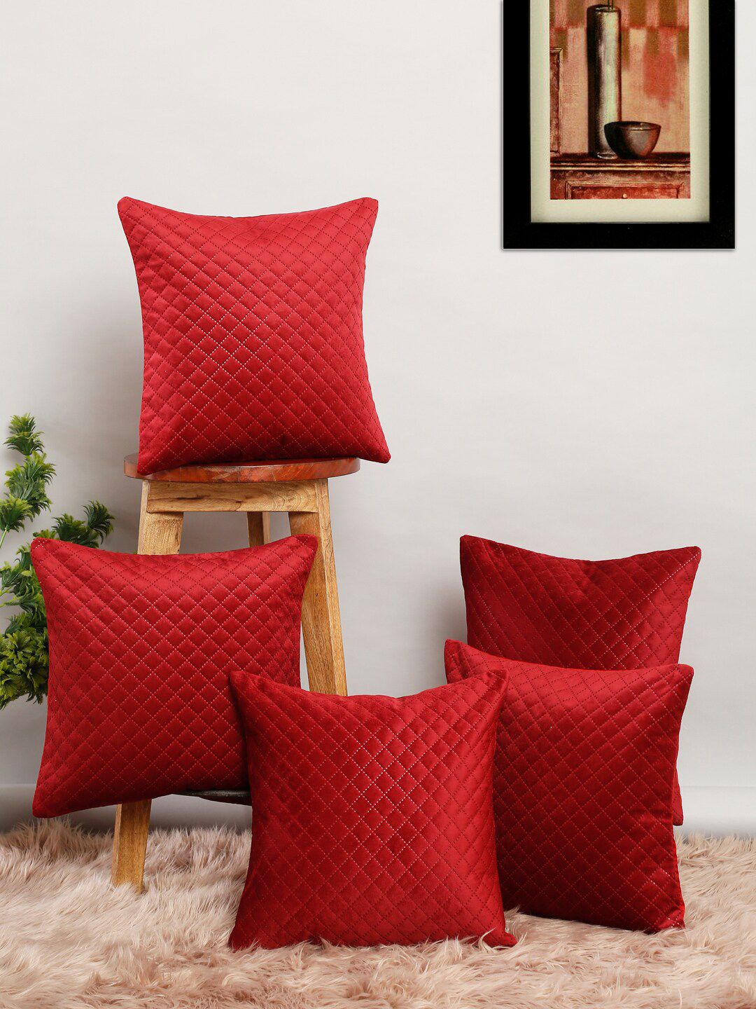 Slushy Mushy Red Set of 5 Geometric Square Cushion Covers Price in India