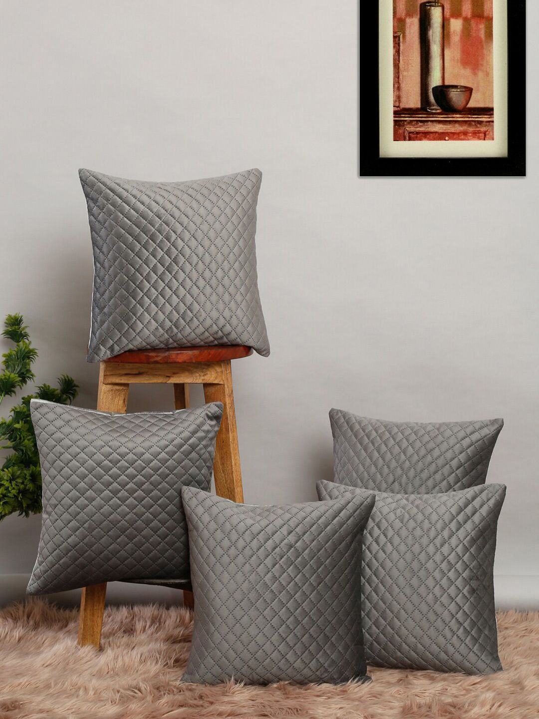 Slushy Mushy Grey Set of 5 Geometric Square Cushion Covers Price in India