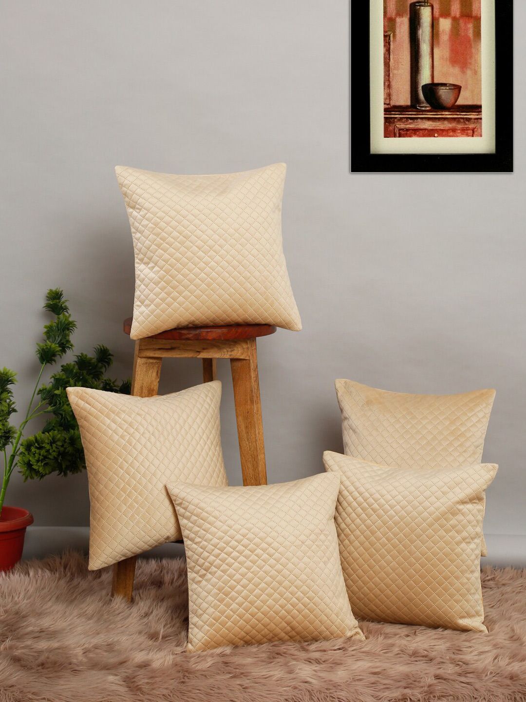 Slushy Mushy Cream-Coloured Set of 5 Geometric Square Cushion Covers Price in India