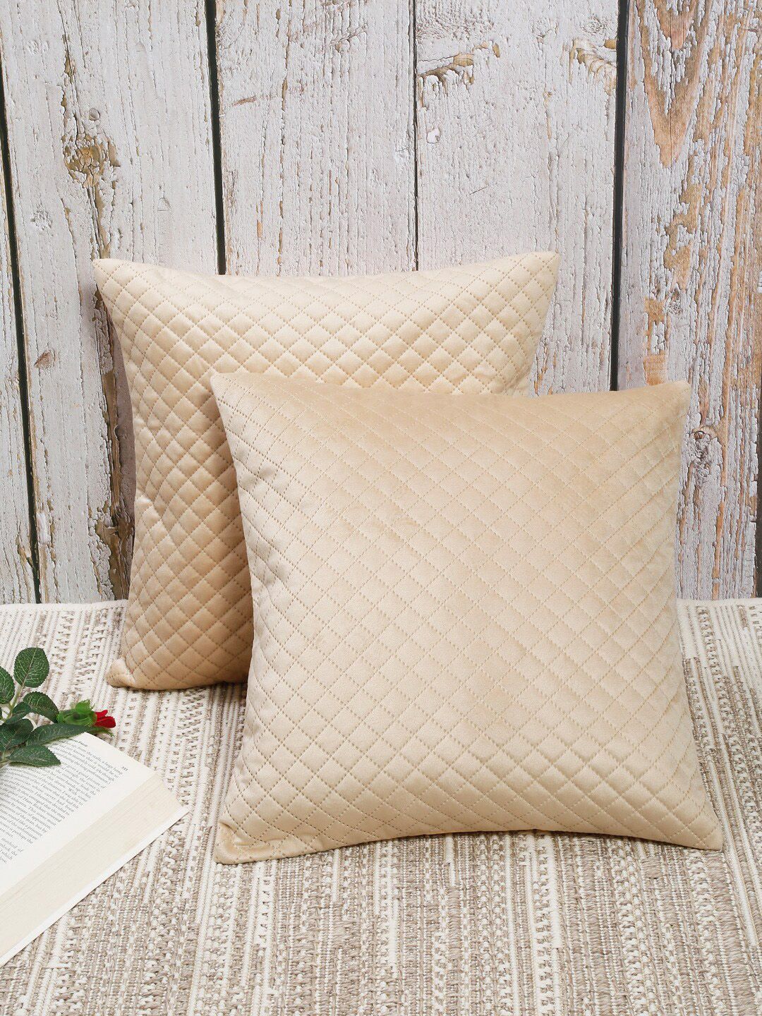 Slushy Mushy Cream-Coloured Set of 2 Geometric Square Cushion Covers Price in India