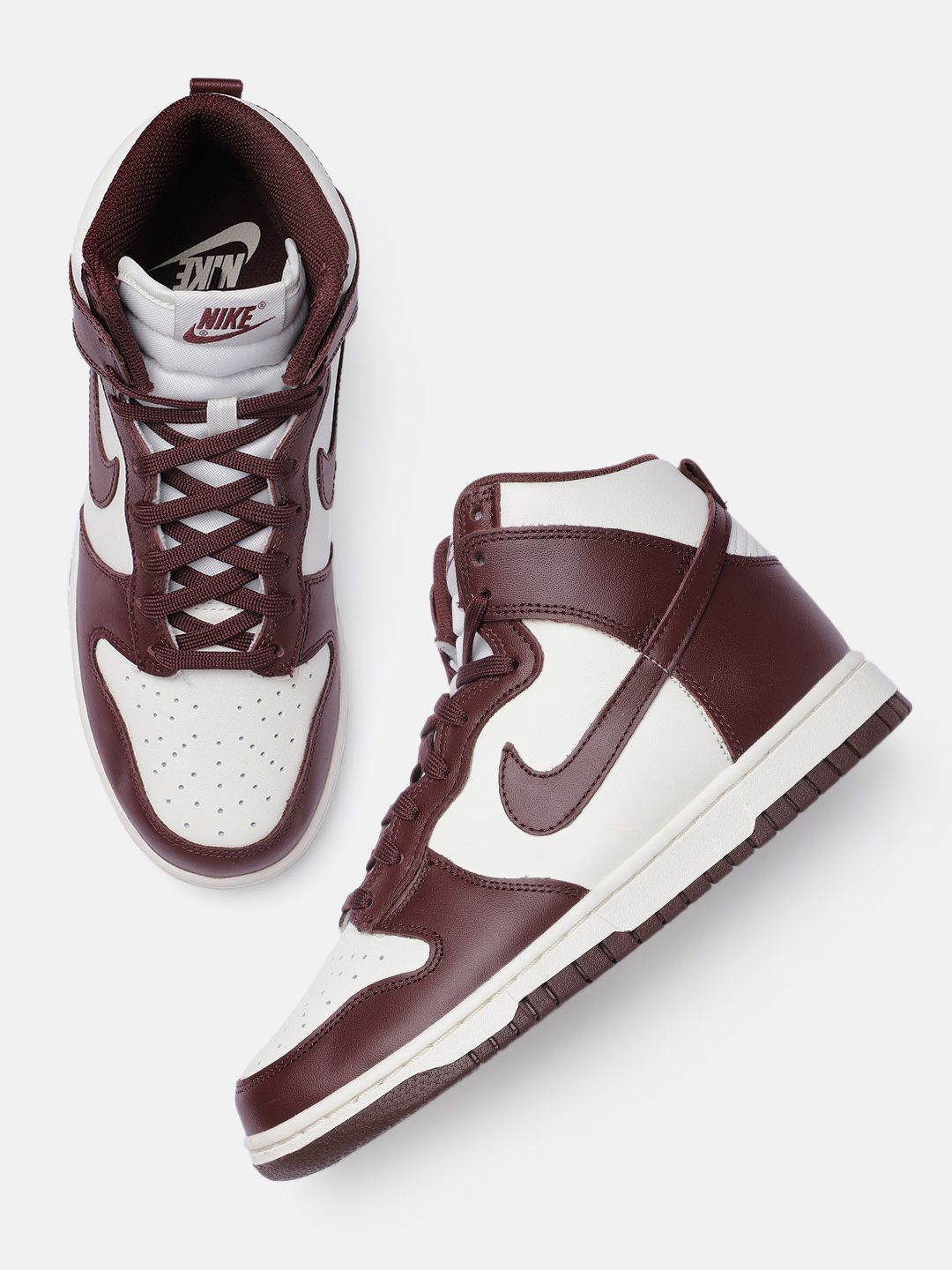 Nike Women Burgundy & White Colourblocked DUNK HIGH Leather Mid-Top Sneakers Price in India