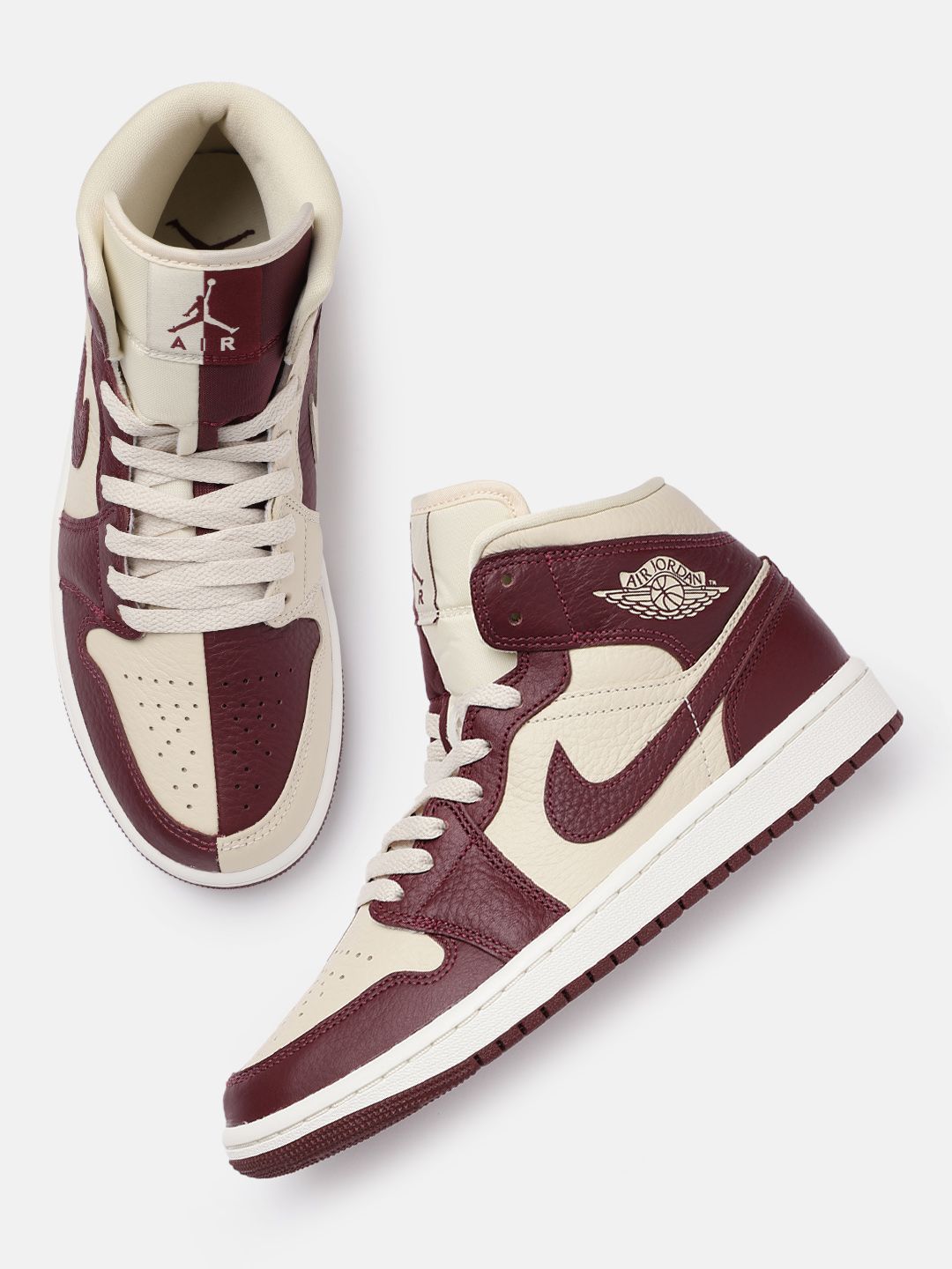 Nike Women Off White & Burgundy Air Jordan 1 Leather Basketball Shoes Price in India