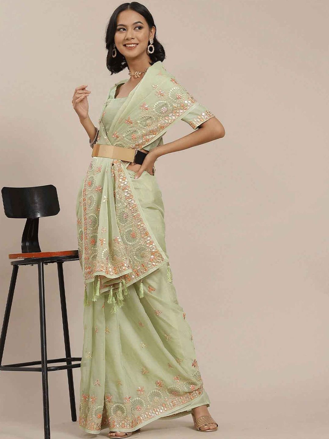ODETTE Green & Peach-Coloured Ethnic Motifs Embroidered Art Silk Fusion Saree Price in India
