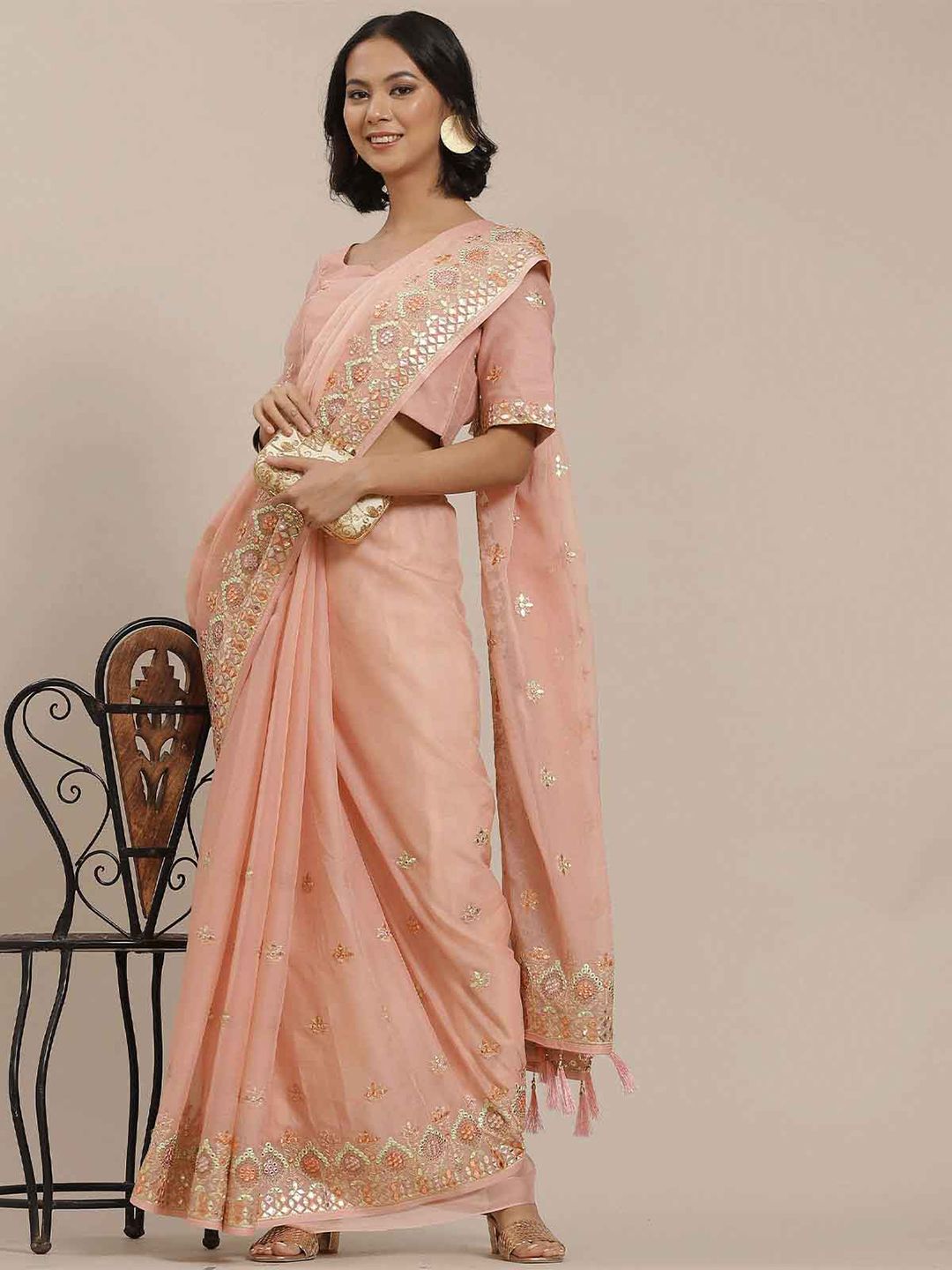 ODETTE Peach-Coloured & Gold-Toned Floral Embroidered Art Silk Saree Price in India