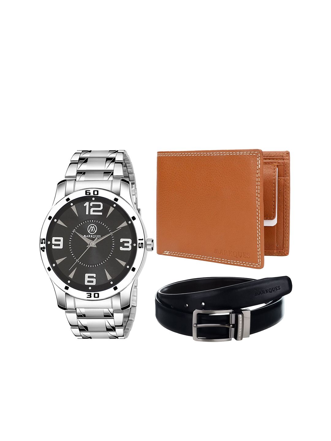MARKQUES Men Tan ,Black & Sliver-toned Watch, Wallet And Belt Accessory Gift Set