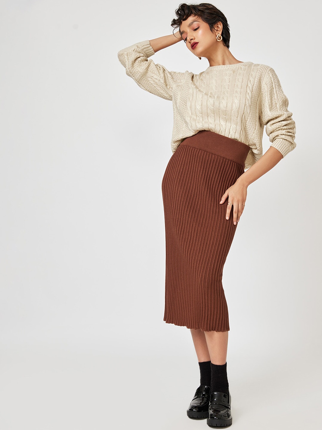 The Label Life Women Brown Solid Midi Length Skirt Price in India