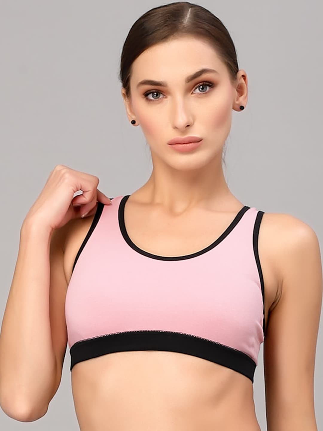 Style Quotient Women Pink & Black Solid Cotton Non Padded Sports Bra Price in India