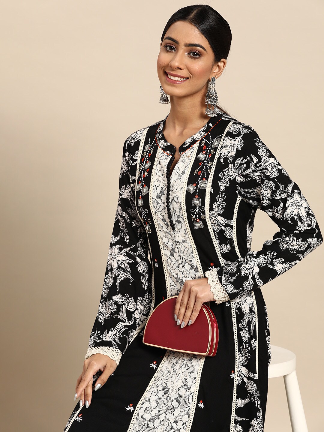 Sangria Women Black & White Floral Printed Lace Embroidered Ethnic Dress Price in India