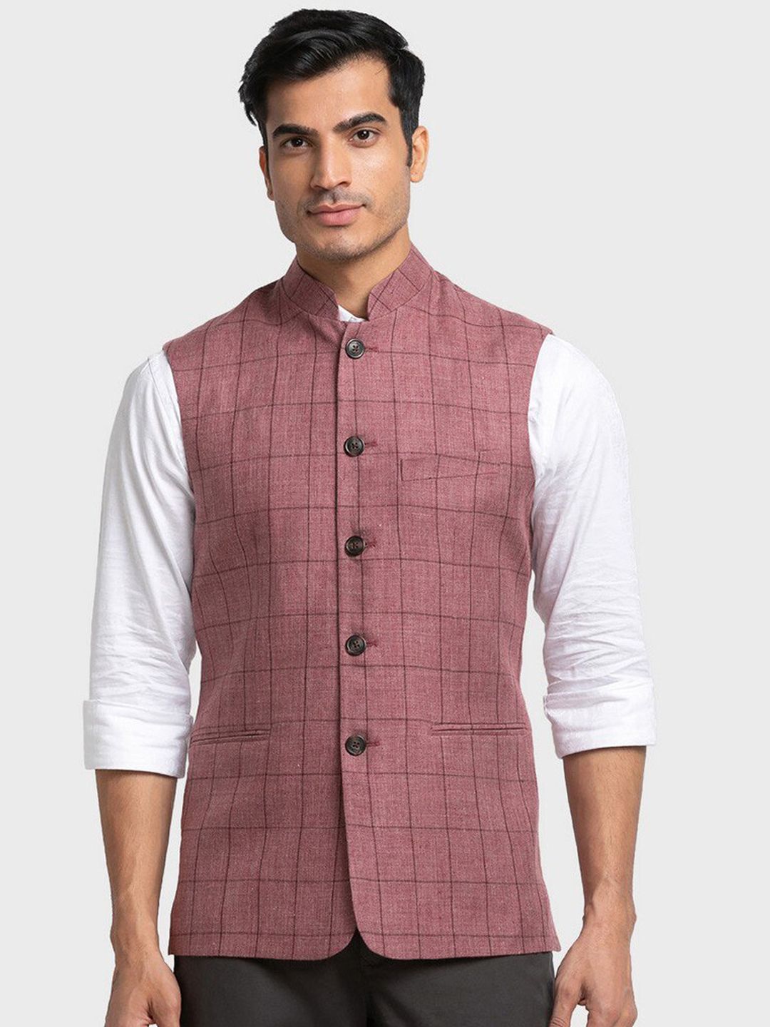 ColorPlus Red Checked Linen Nehru Jacket