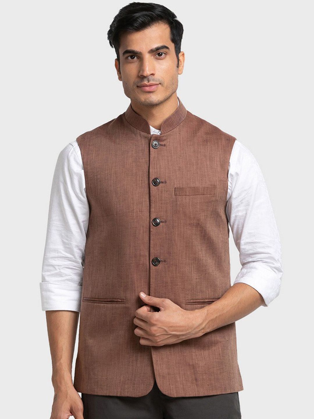 ColorPlus Men Brown Solid Nehru jacket