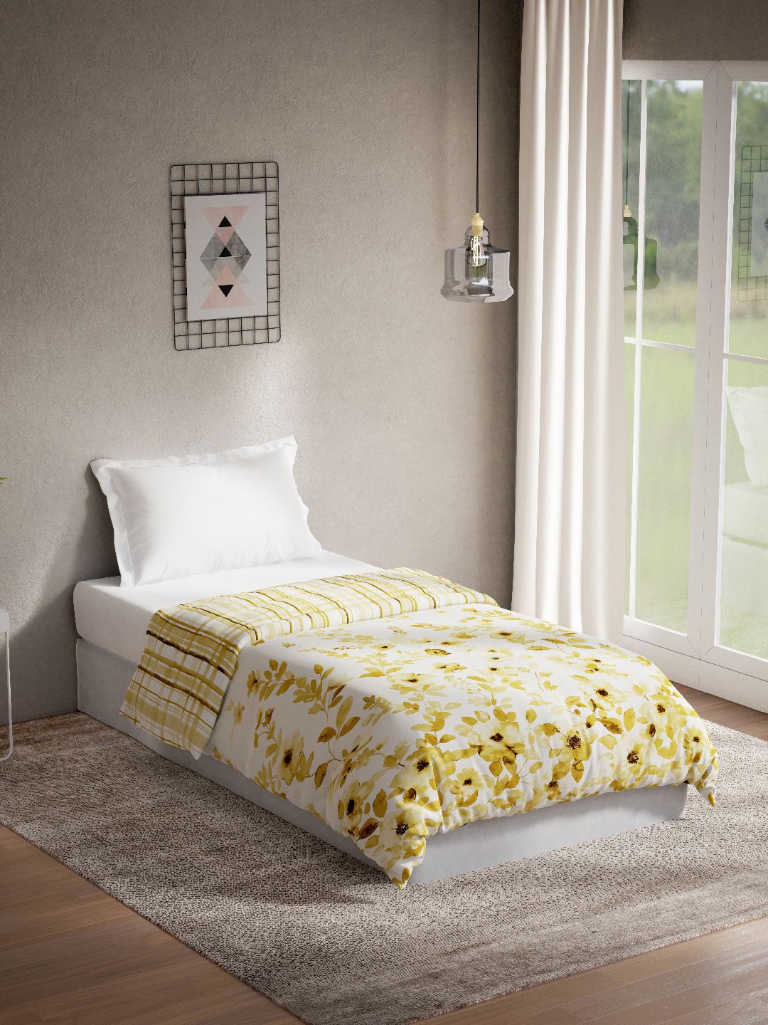DDecor Yellow Floral Mild Winter 150 GSM Single Bed Quilt Price in India