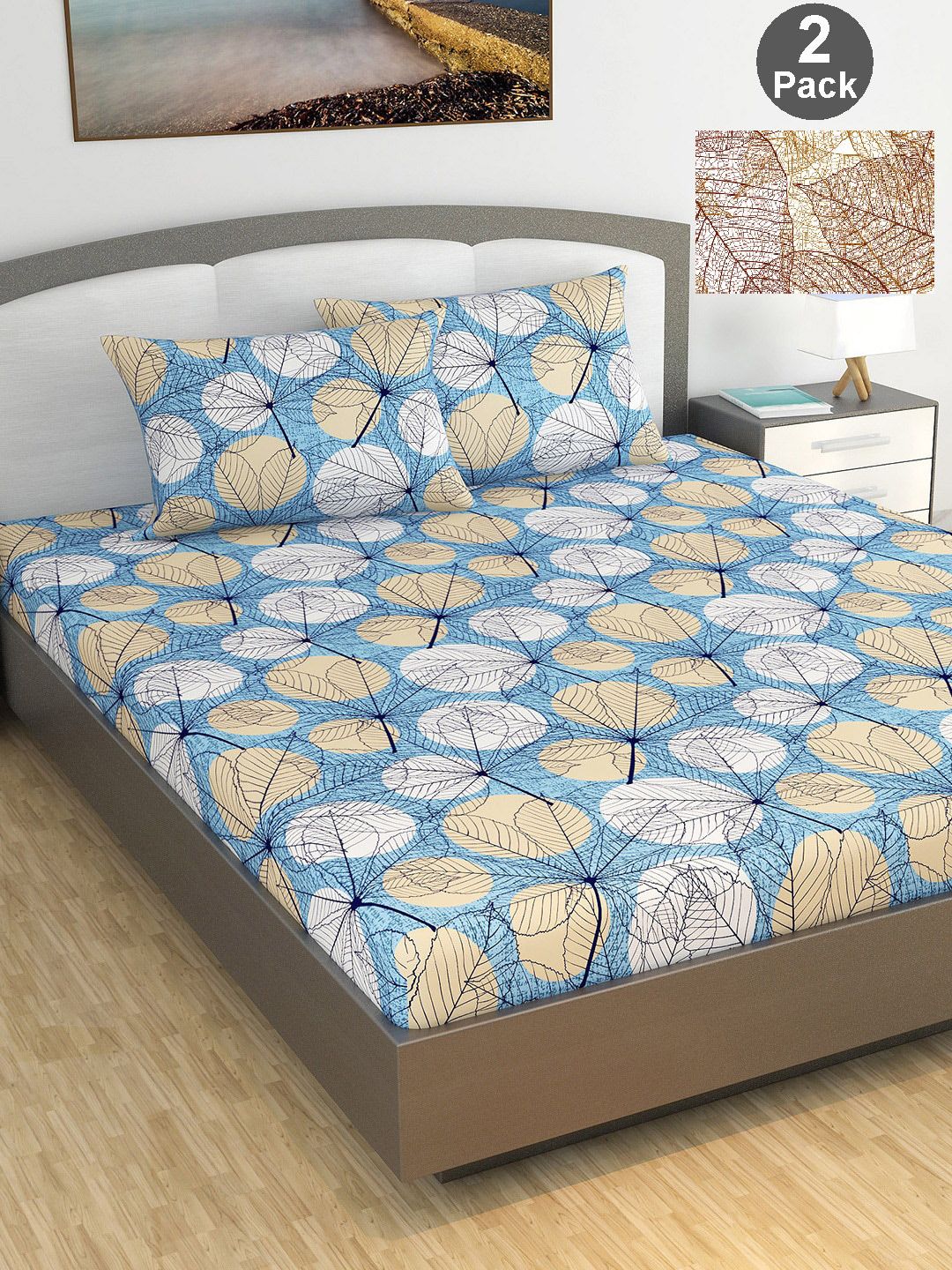 Divine Casa Blue & Beige Blue Cotton 144 TC 2 King Bedsheets with 6 Pillowcover Price in India