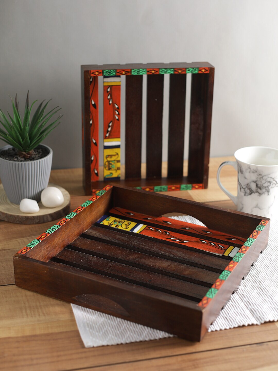 Aapno Rajasthan Set Of 2 Wooden Serving Trays Price in India