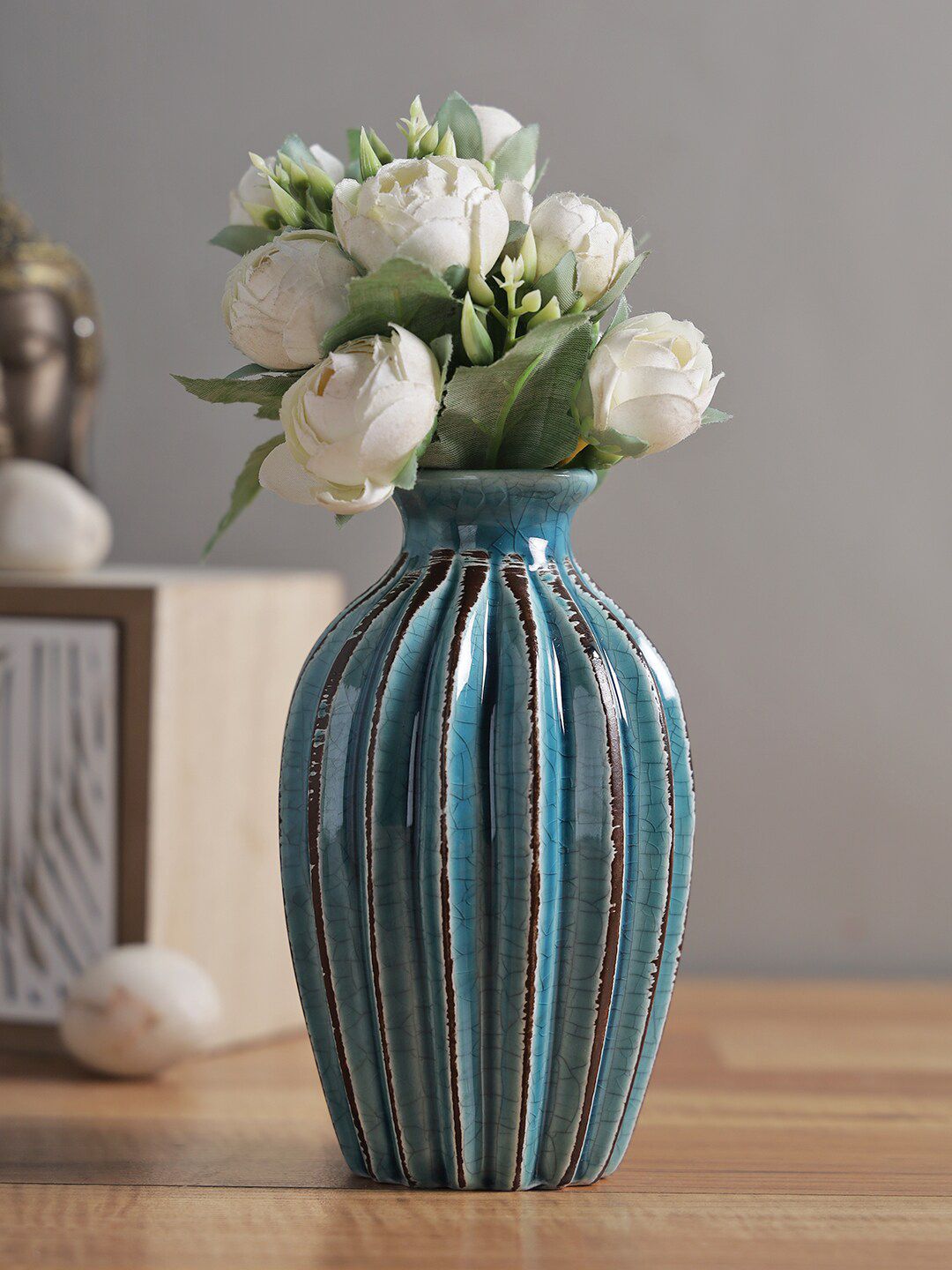 TAYHAA Blue Textured Ceramic Flower Vase Price in India