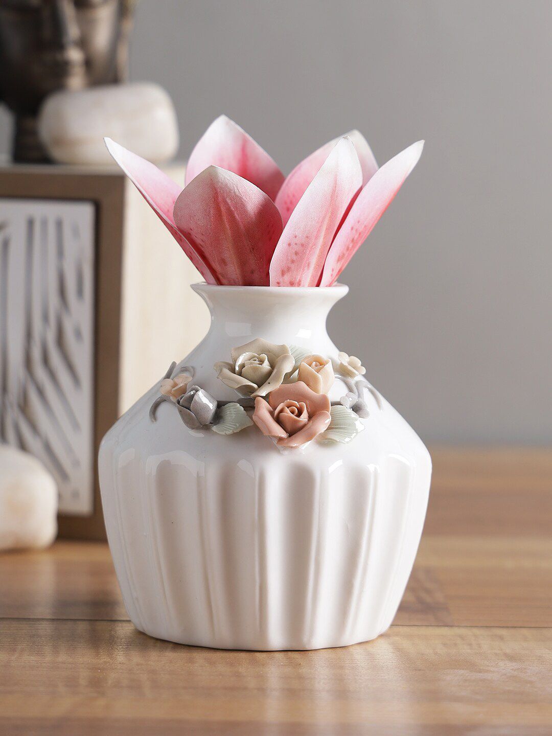 TAYHAA White & Grey Floral Textured Ceramic Vase Price in India