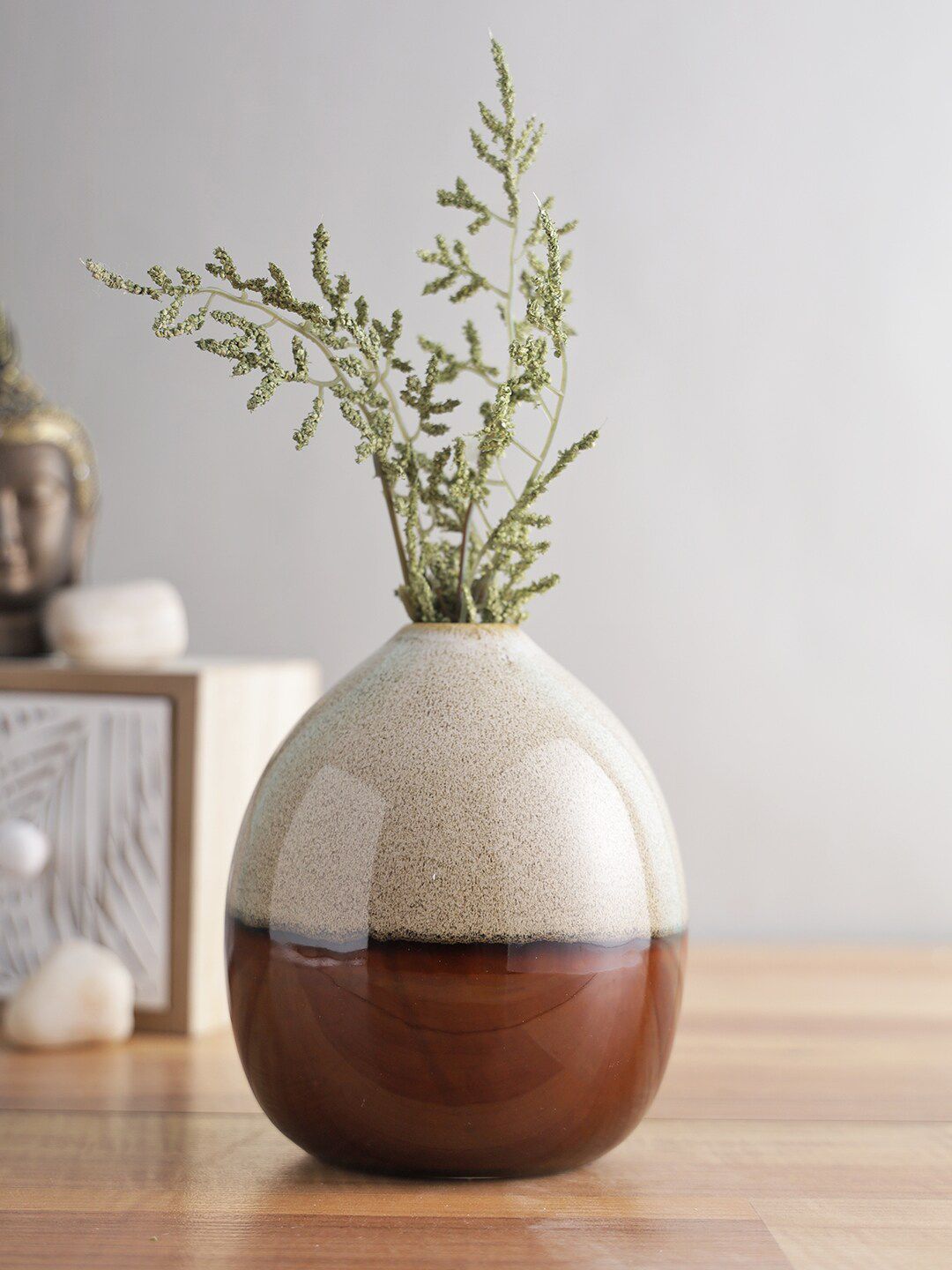 TAYHAA Beige & Coffee Brown Self Design Ceramic Vase Price in India