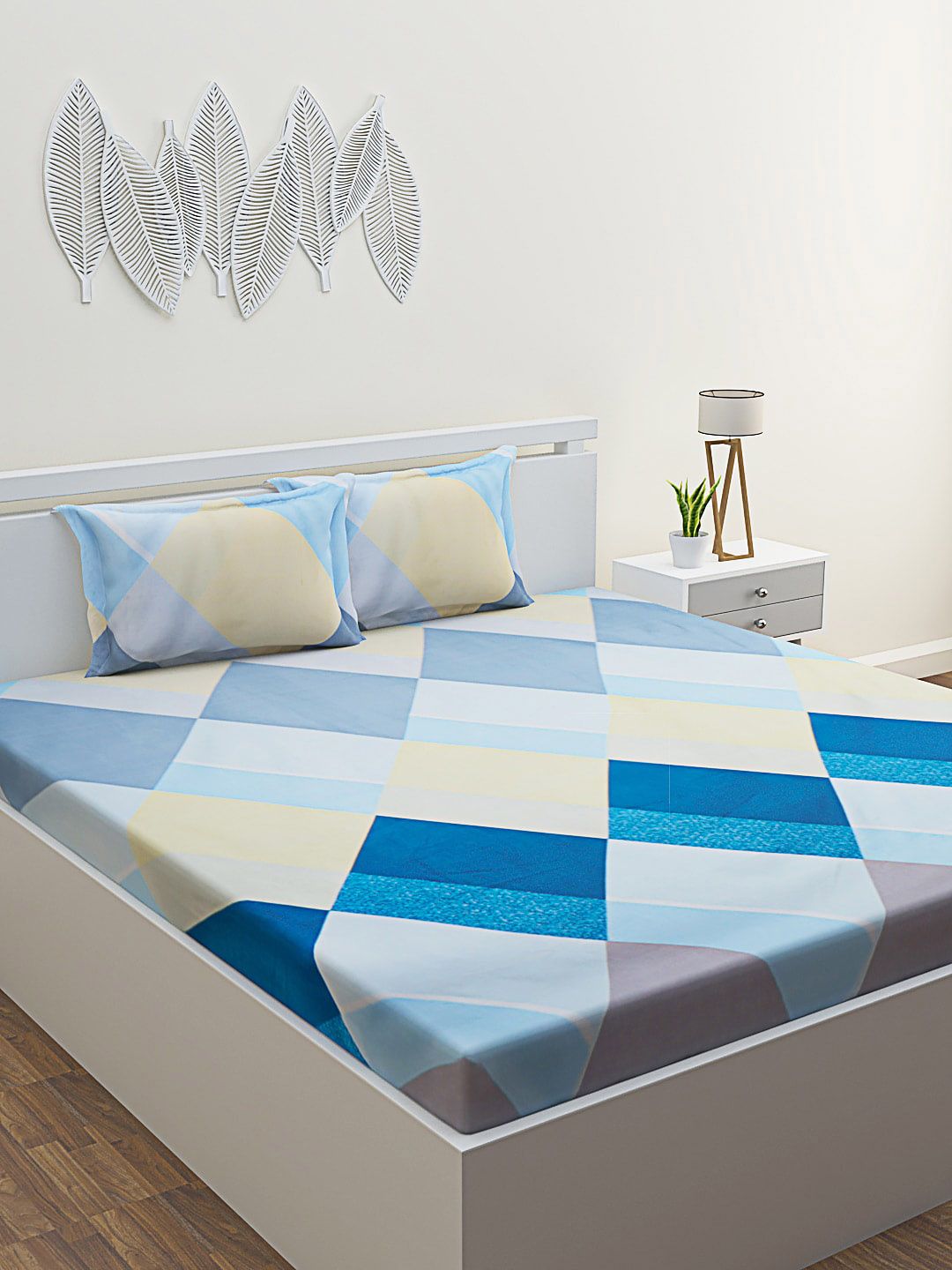 ROMEE Blue & Grey Geometric 210 TC Queen Bedsheet with 2 Pillow Covers Price in India