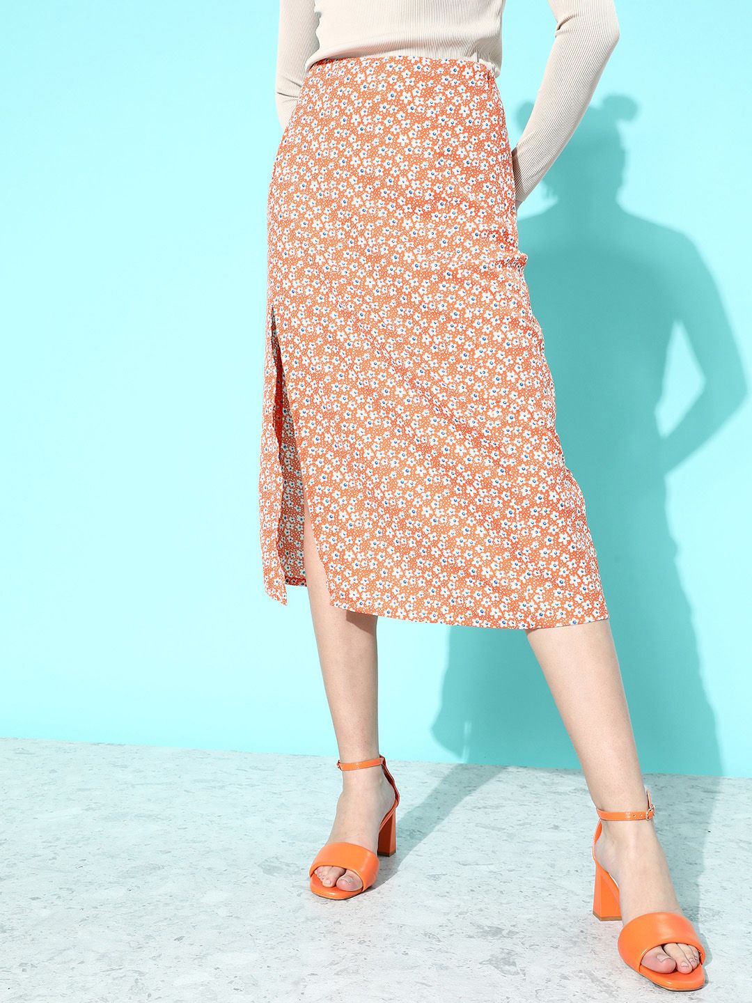 Mast & Harbour Women Bright Orange Floral Printed Straight Skirt Price in India