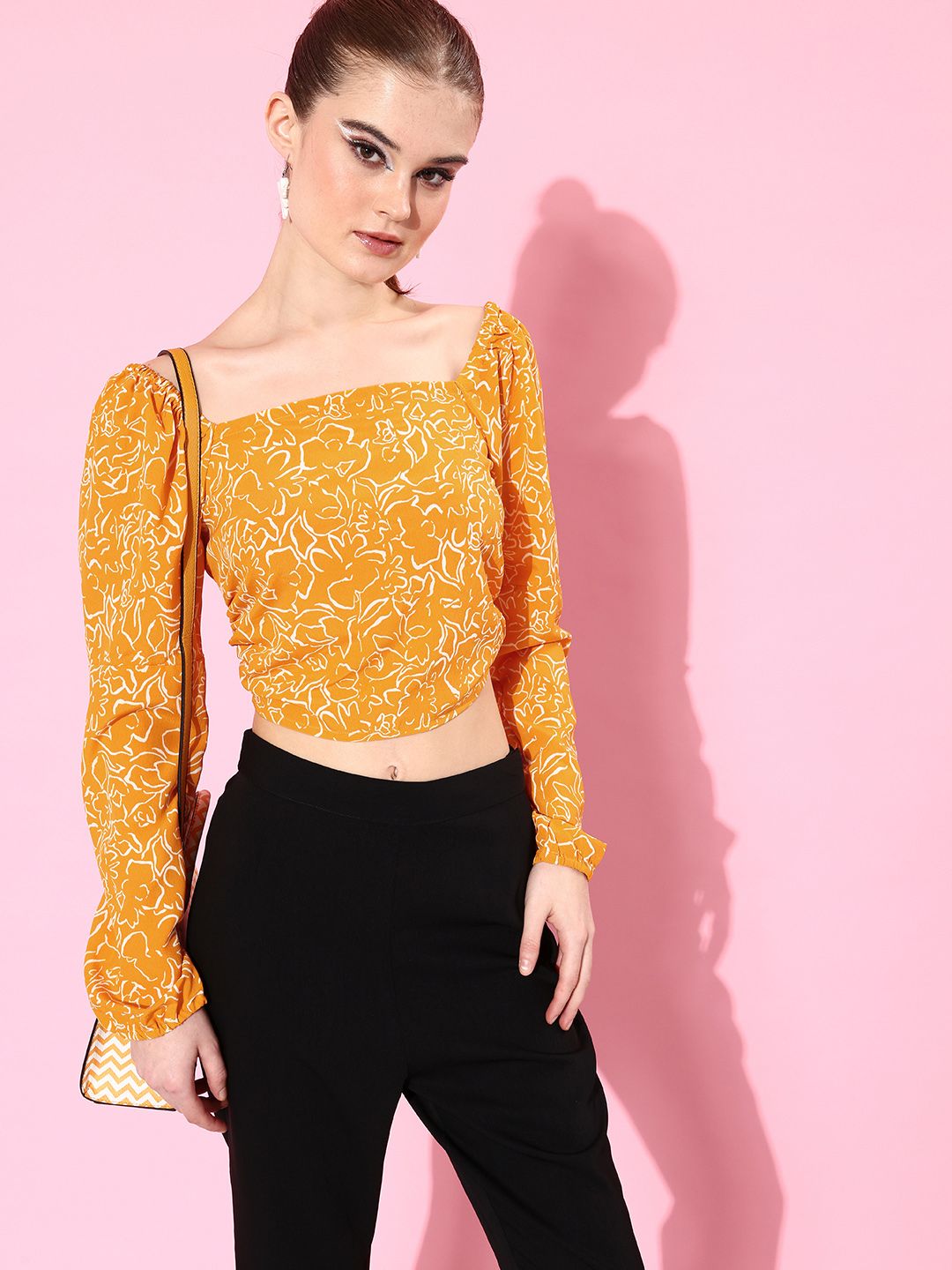 Mast & Harbour Bright Yellow Print Puff Sleeve Emo 2.0 Once Upon a Sleeve Crop Top Price in India