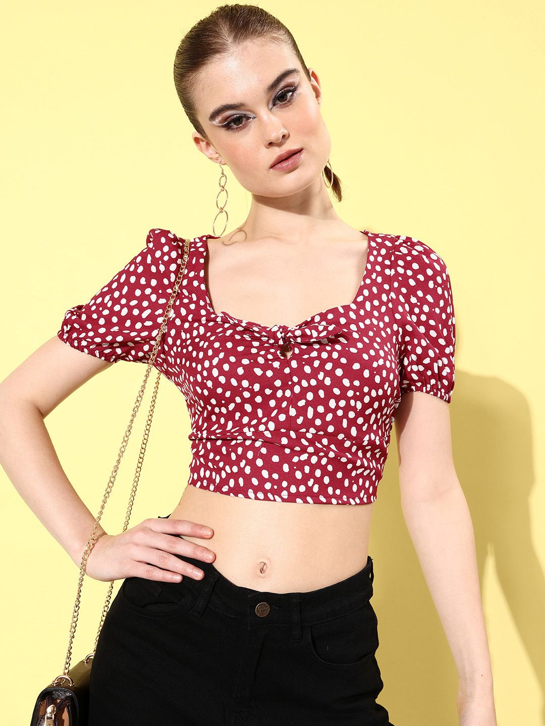 Mast & Harbour Cherry Red Geometric Print Puff Sleeve Smocked Twists & Knots Crop Top Price in India