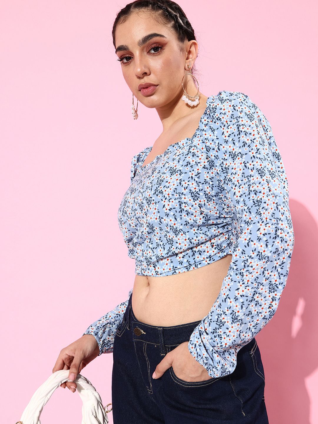 Mast & Harbour Sky Blue Floral Printed Emo 2.0 Once Upon a Puff Sleeve Crop Top Price in India