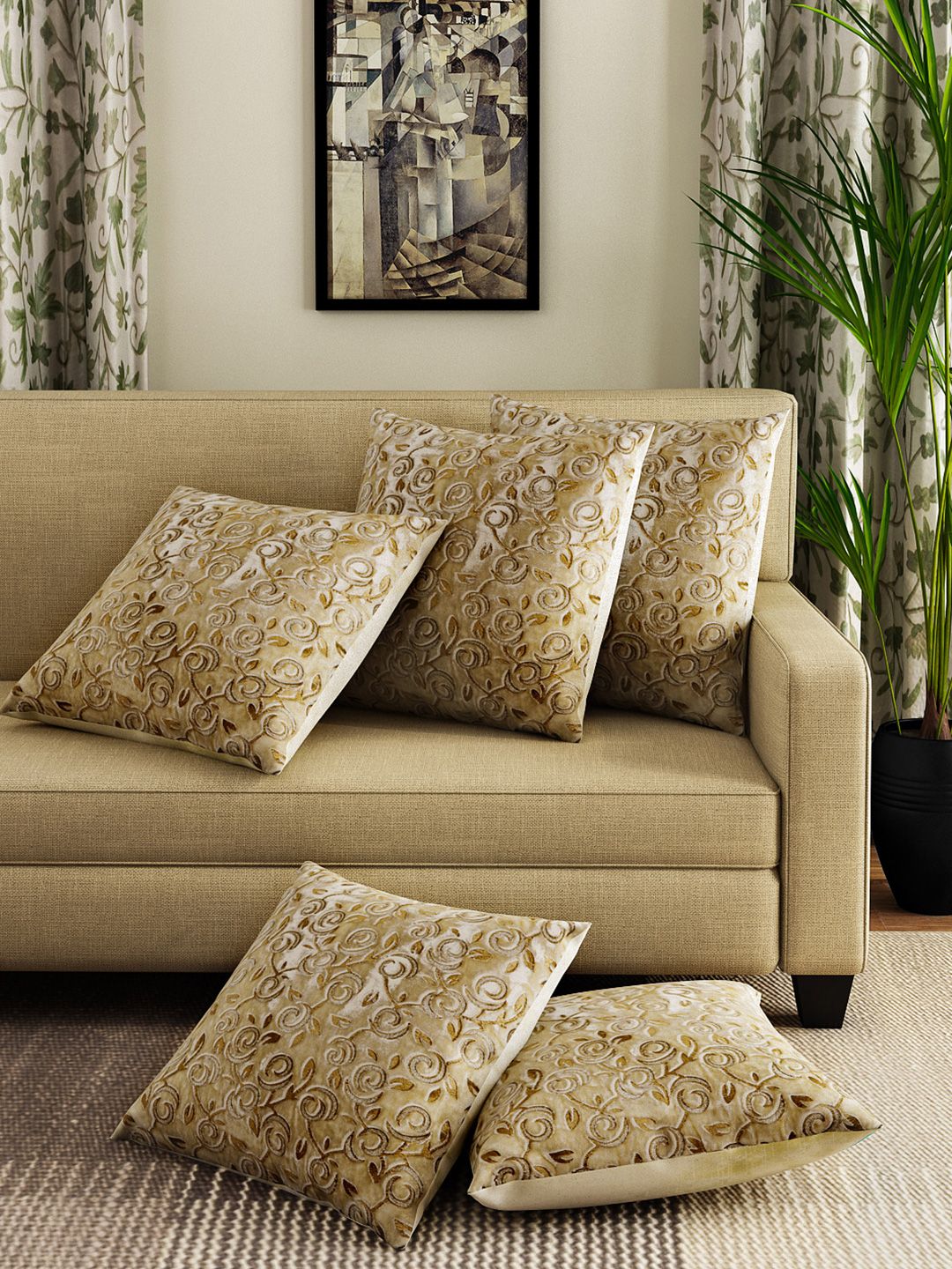 Alina decor Beige Set of 5 Woven Design 16" X 16" Square Cushion Covers Price in India