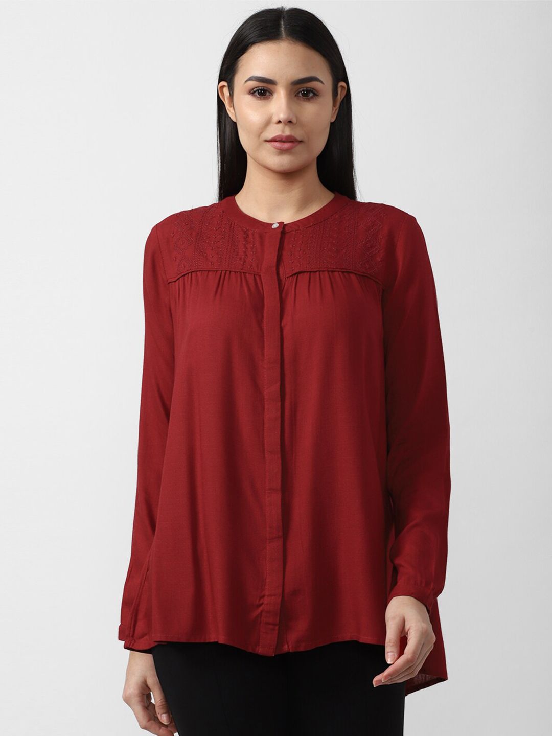 Van Heusen Woman Maroon Mandarin Collar Applique Shirt Style Top Price in India