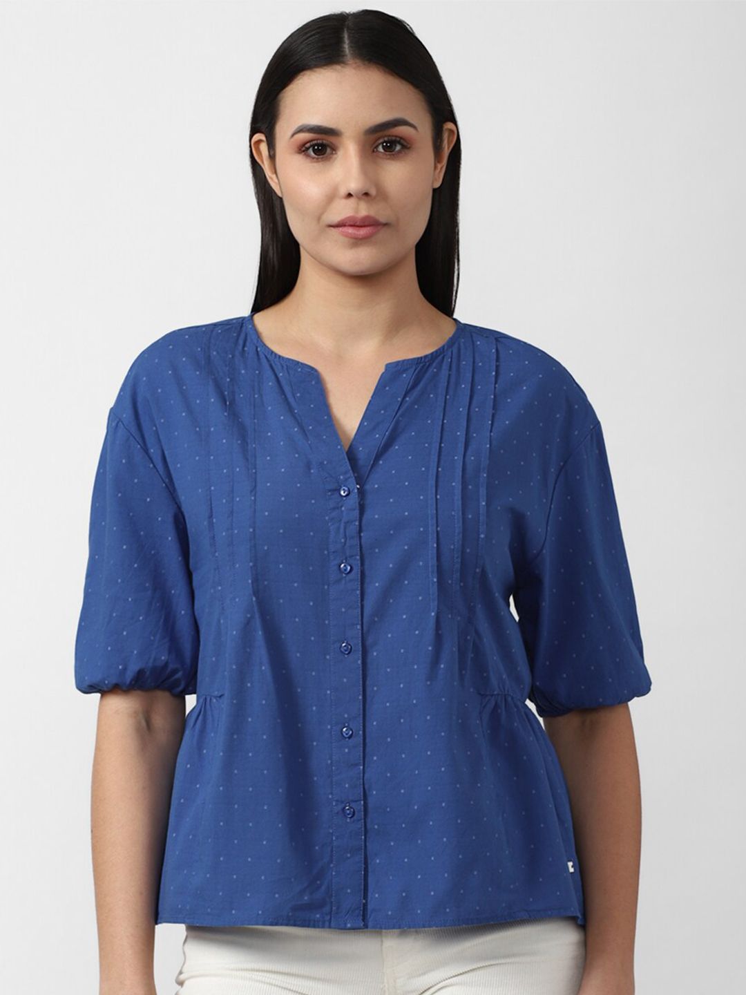 Van Heusen Woman Blue Polka Dots Printed Cotton Shirt Style Top Price in India