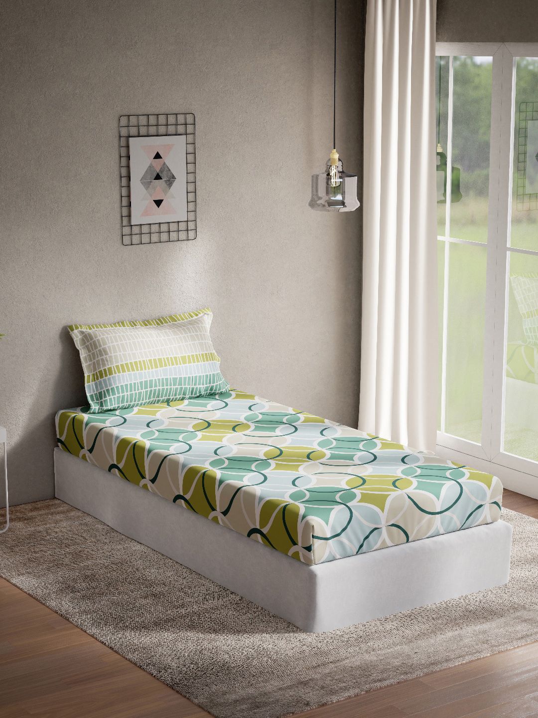 DDecor Green & White Geometric Cotton 144 TC Single Bedsheet with 1 Pillow Covers Price in India