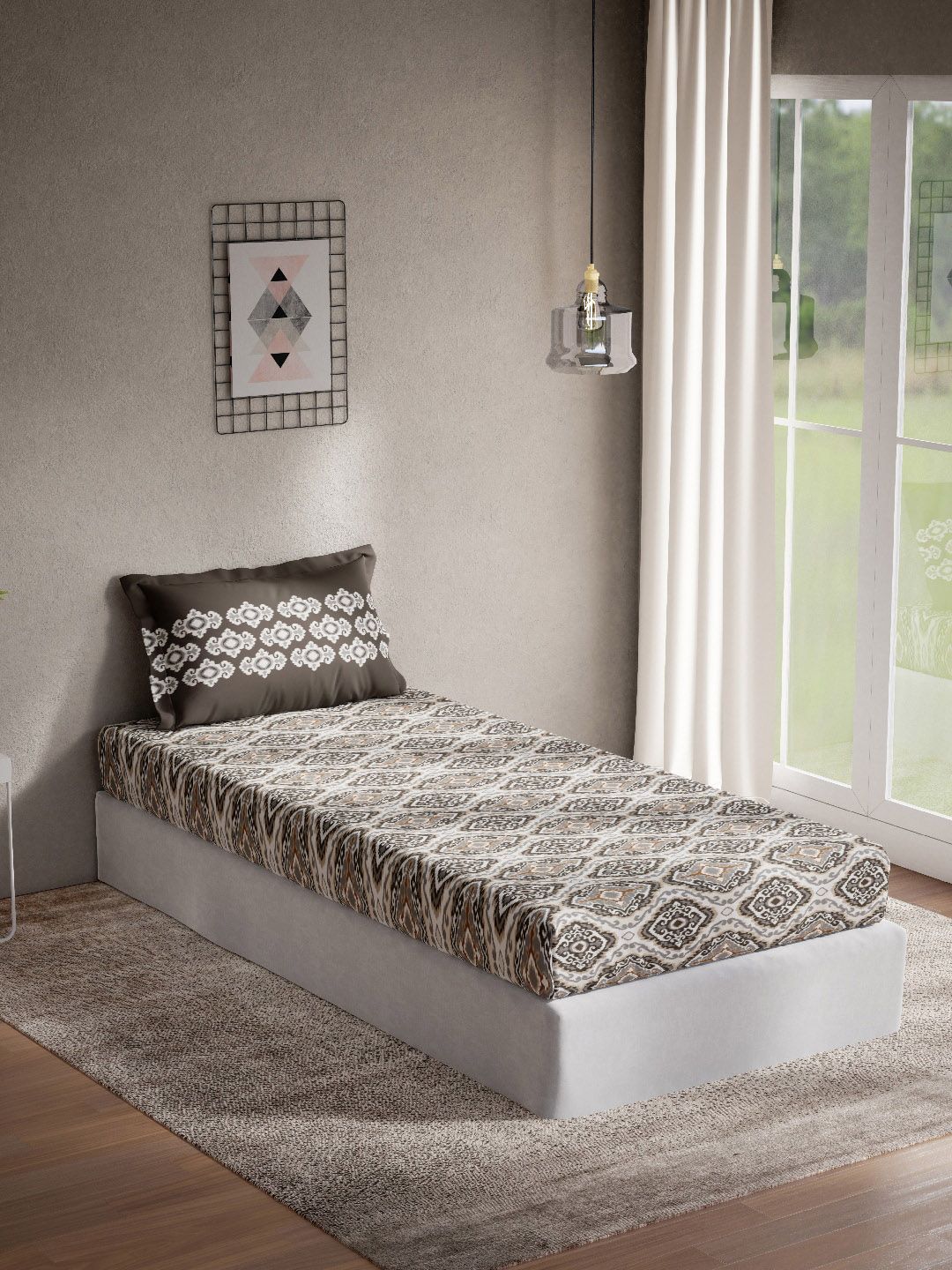 DDecor Grey & White Printed Cotton 144 TC Single Bedsheet with 1 Pillow Cover Price in India