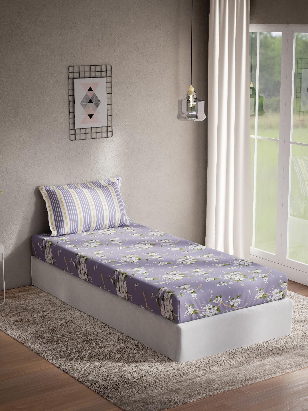 DDecor Purple & White Floral Cotton 144 TC Single Bedsheet with 1 Pillow Covers Price in India